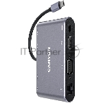 Хаб CANYON  8 in 1 USB C hub, with 1*HDMI: 4K*30Hz, 1*VGA, 1*Type-C PD charging port, Max 100W PD input. 3*USB3.0,transfer speed up to 5Gbps. 1*Glgabit Ethernet, 1*3.5mm audio jack, cable 15cm, Aluminum alloy housing,95*55*17.6 mm, 107g, Dark grey