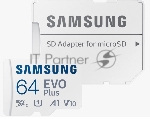 Флеш карта microSDXC 64GB Samsung EVO Plus Memory Card Samsung UHS-I U1 Class 10, Adapter, 130 MB/s, 10000 циклов, - 25°C to 85°C, RTL  Samsung MB-MC64KA